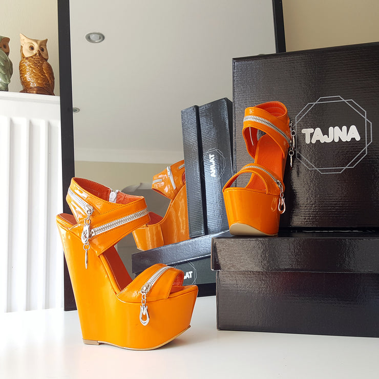 Orange Zipper 16 cm High Heel Wedge Shoes | Tajna Club
