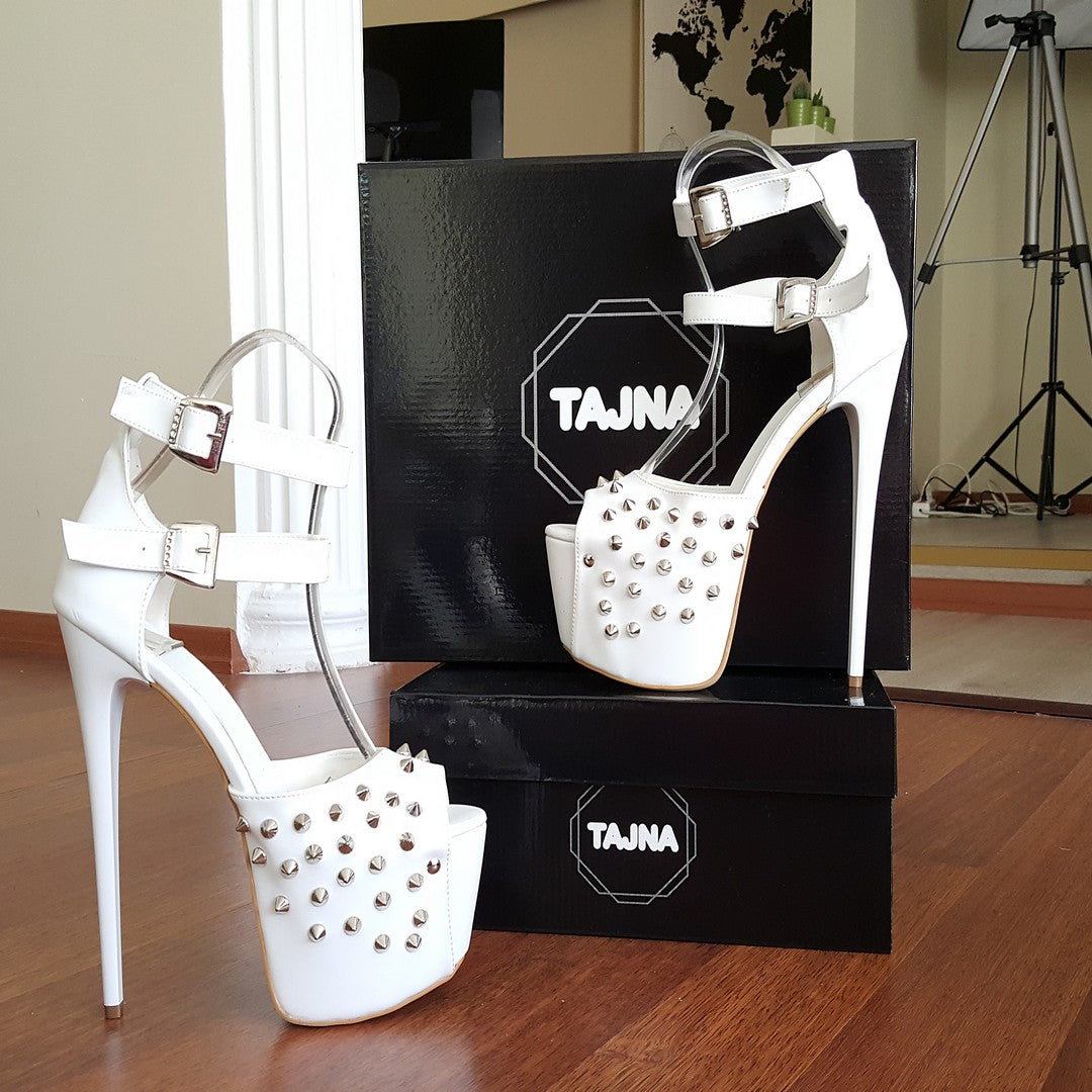 White Spike Double Strap High Heel Platform Shoes | Tajna Club