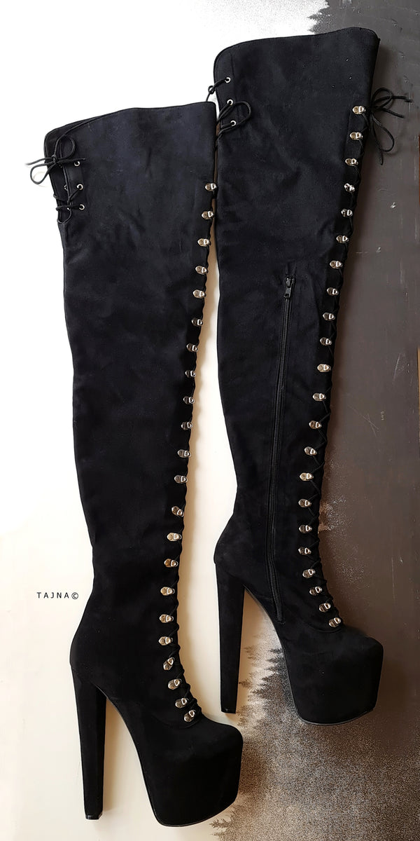 Black Suede Thigh High Military Style Boots | Tajna Club