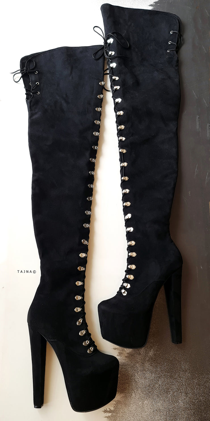 Black Suede Thigh High Military Style Boots | Tajna Club