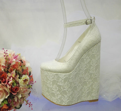 white lace wedges