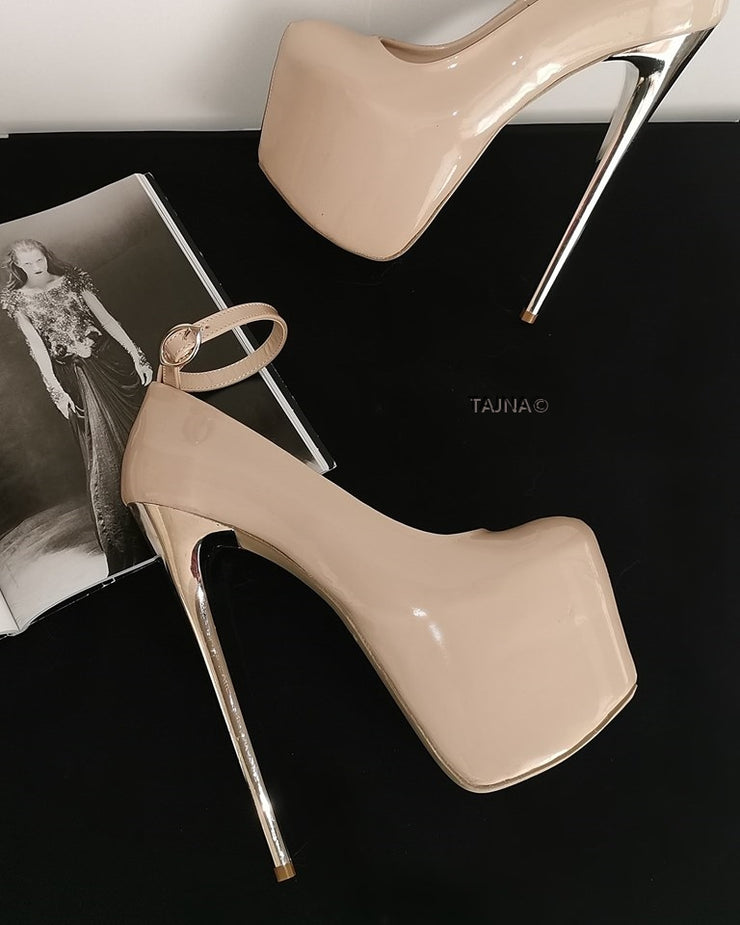 Nude Patent Metallic 19 cm High Heels | Tajna Club