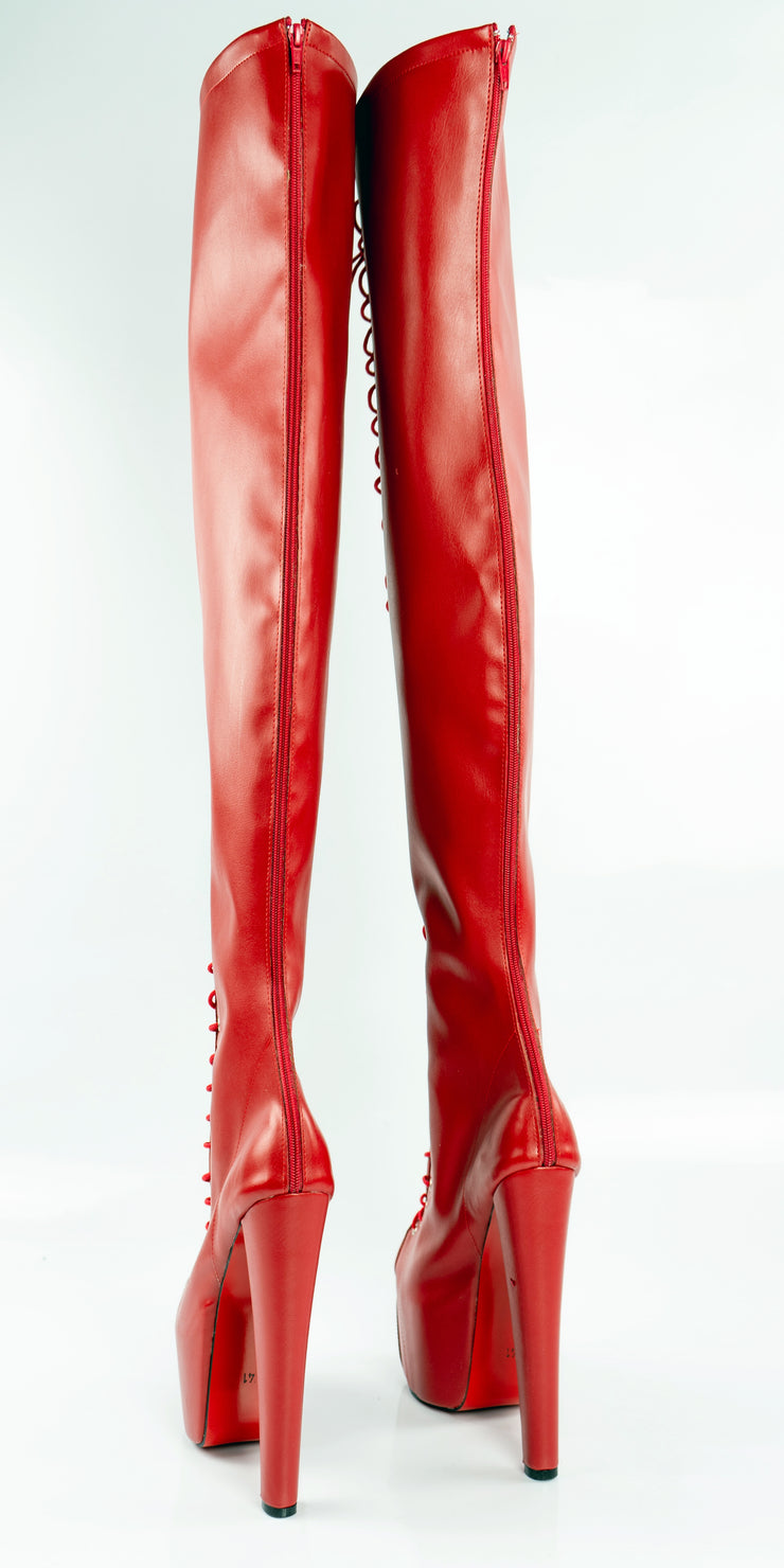 Red Gladiator Lace Up Thigh High Boots | Tajna Club