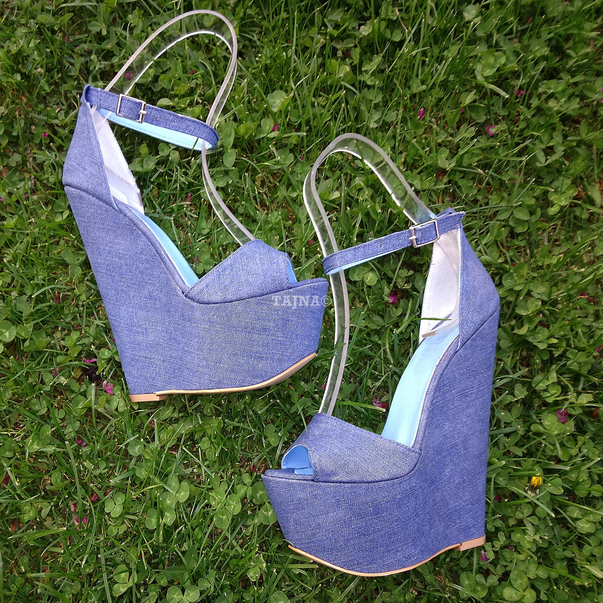Jean Denim High Heel Ankle Strap Wedge Shoes | Tajna Club
