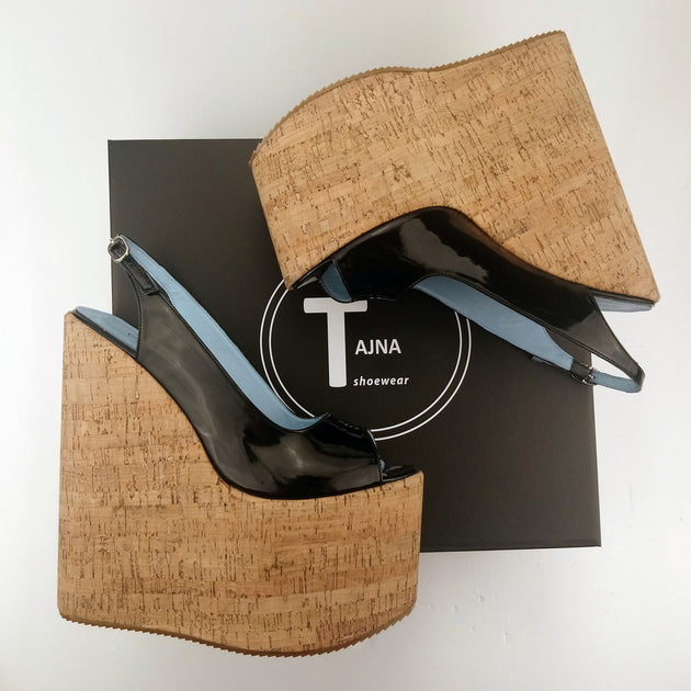 Black Patent Leather 22 cm High Heel Wedges – Tajna Club