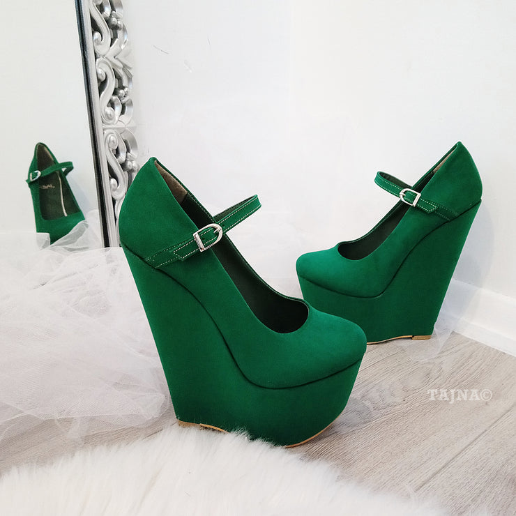haak Wetenschap Weigering Dark Green Suede High Heel Wedge Shoes | Tajna Club