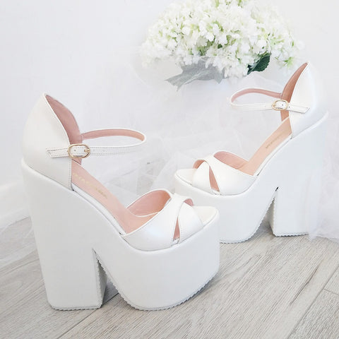 White Cross Strap Platform Wedge Bridal 