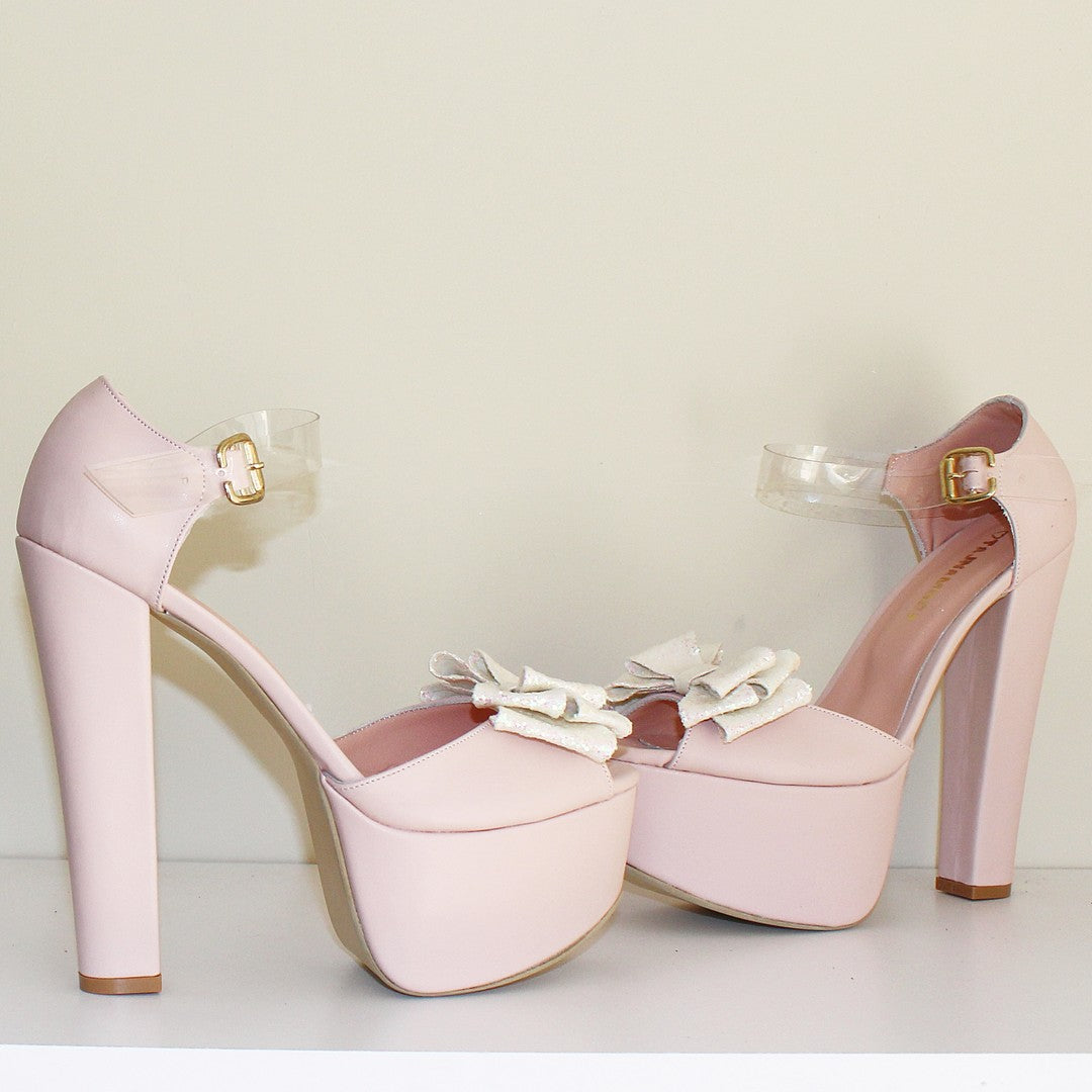 Ribbon Light Pink Satin Bridal Platform Shoes | Tajna Club