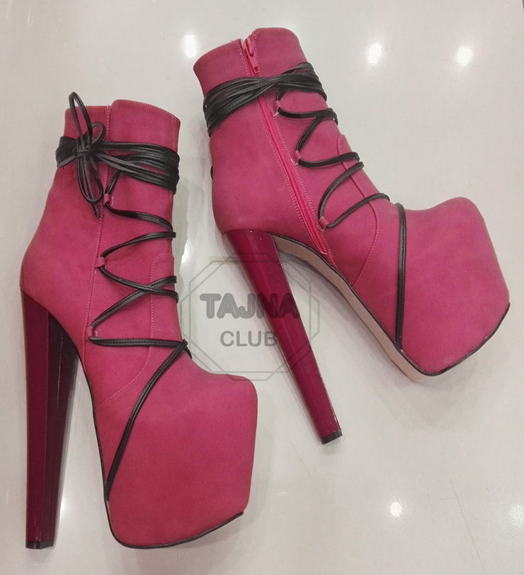 Pink Black Lace Up High Heel Platform Boots | Club
