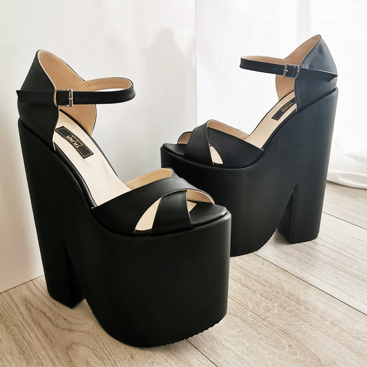 Black Extreme Heel Cross Strap Wedge Shoes | Tajna Club