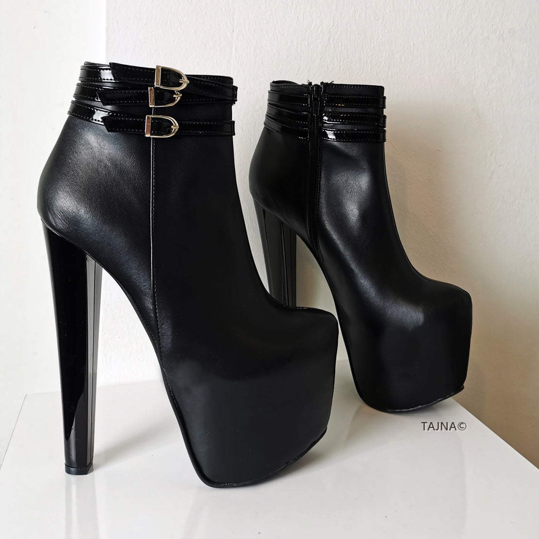 Belted Ankle Black Platform Boots | Tajna Club