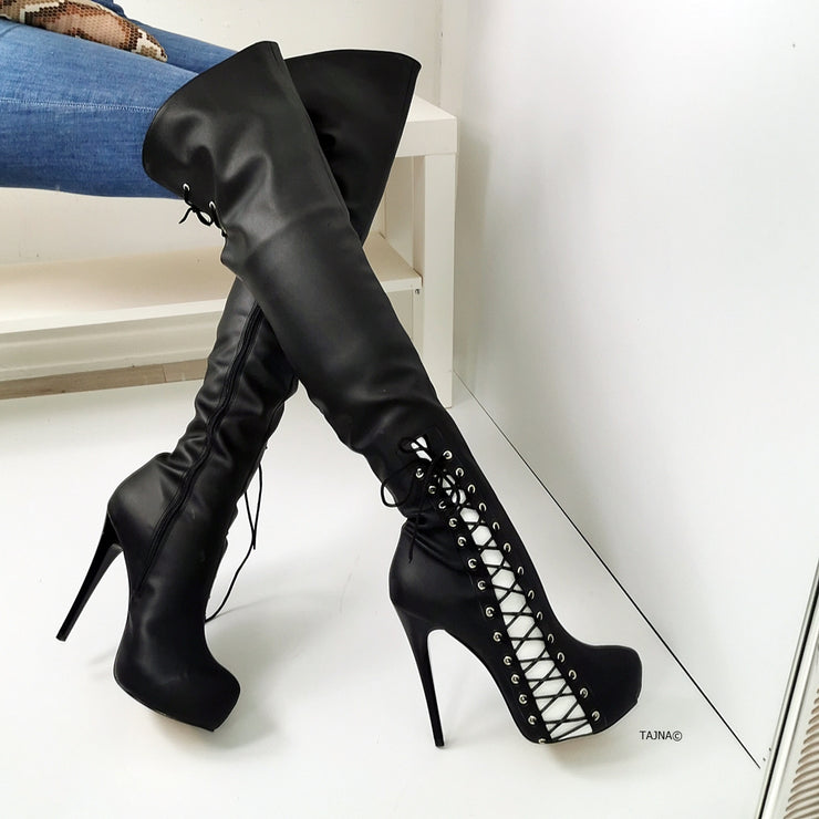 Black White Matte Corset Style Knee High Boots | Tajna Club