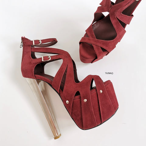 burgundy caged heels