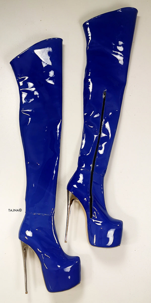 Saxe Blue Gloss Thigh High Heel Boots | Tajna Club