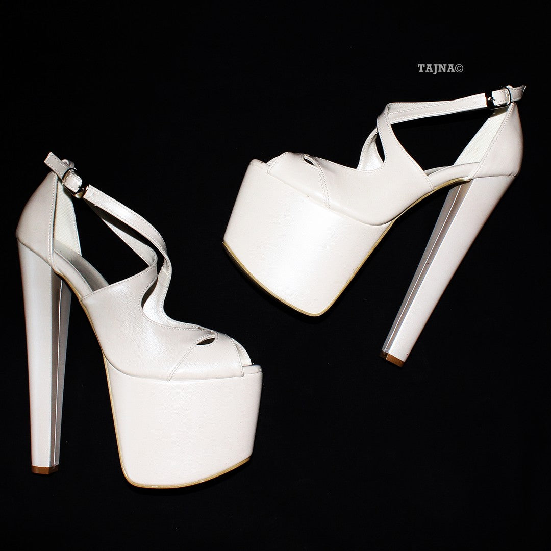Ivory White Peep Toe 19 cm Platform Heels | Tajna Club