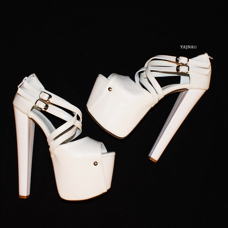 Double Cross Strap White 19 cm Platform Heels | Tajna Club