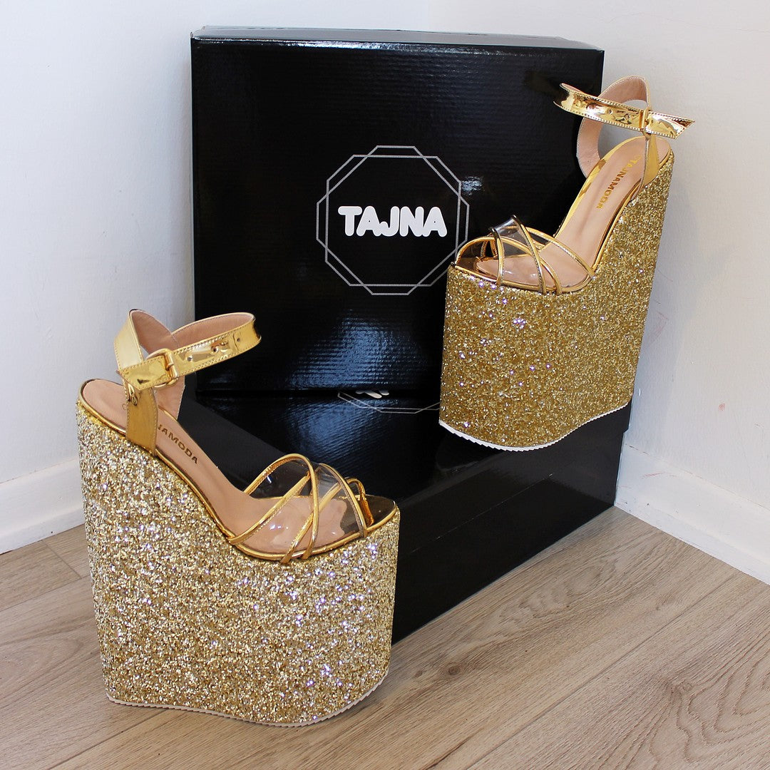 30 cm Gold Shiny Platforms High Heeles Wedge | Tajna Club