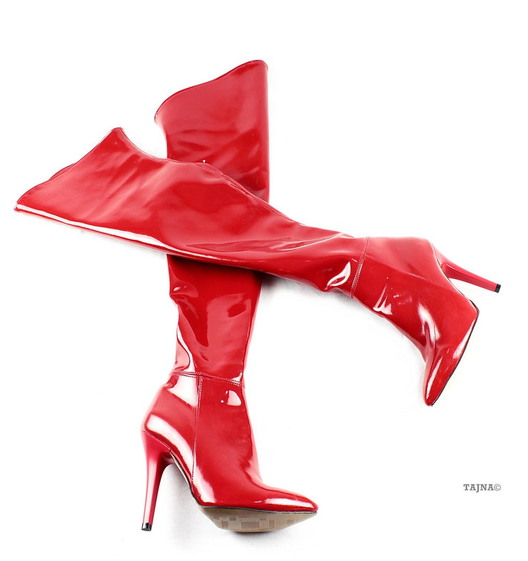 Strech Red Patent Over Knee Boots | Tajna Club