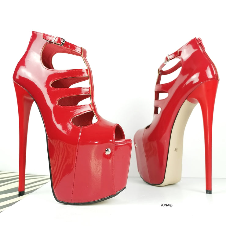 Red Patent Cage Platform Ankle Heels | Tajna Club