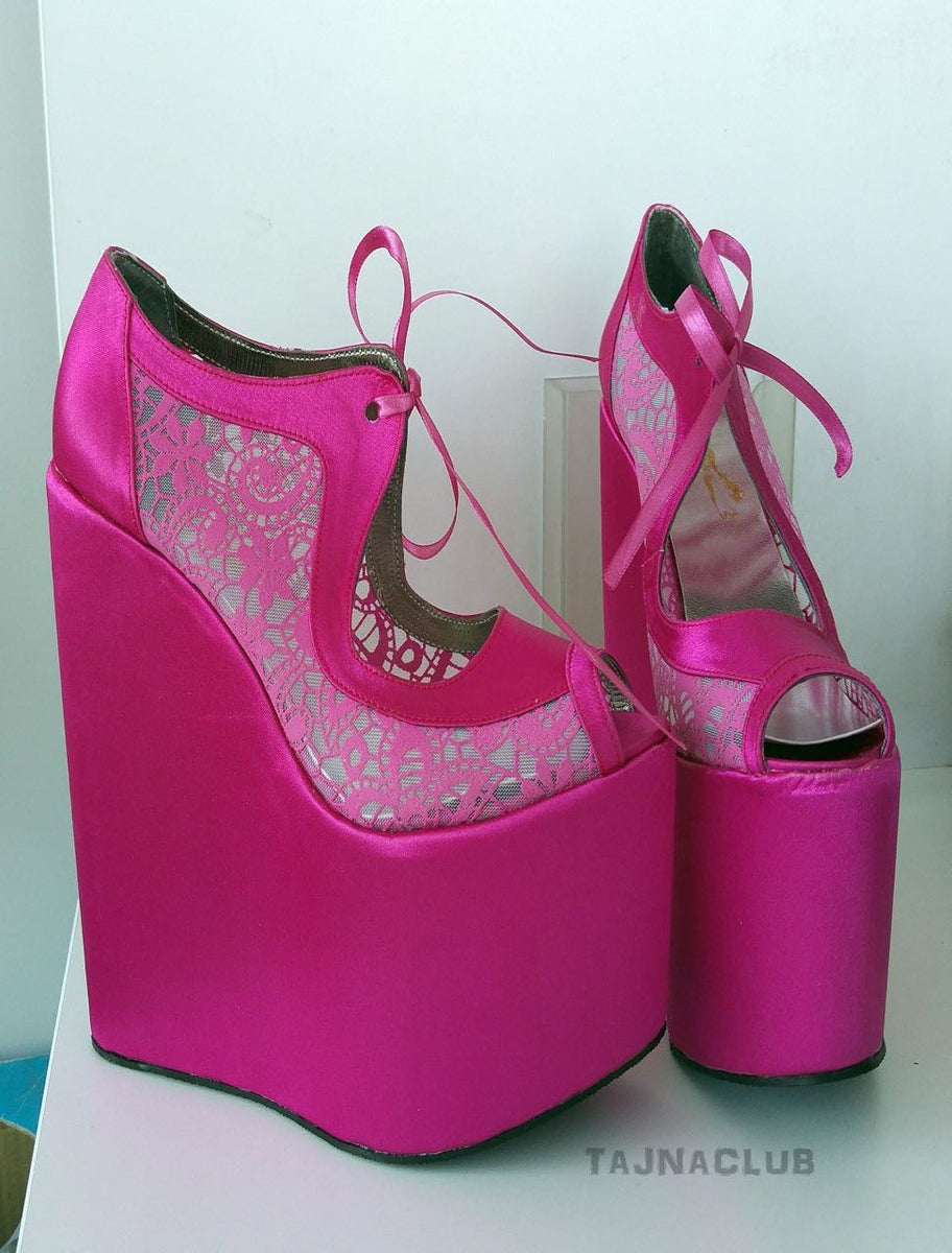 Peeptoe Lace up Wedge Heel Pink Platform High Heels Shoes | Tajna Club