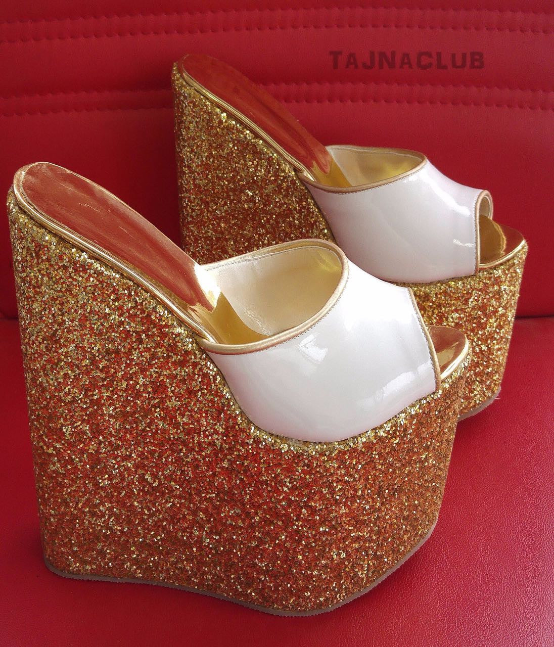 Mules Gold Glitter Wedge Heel Platform High Heels Shoes Tajna Club 9902