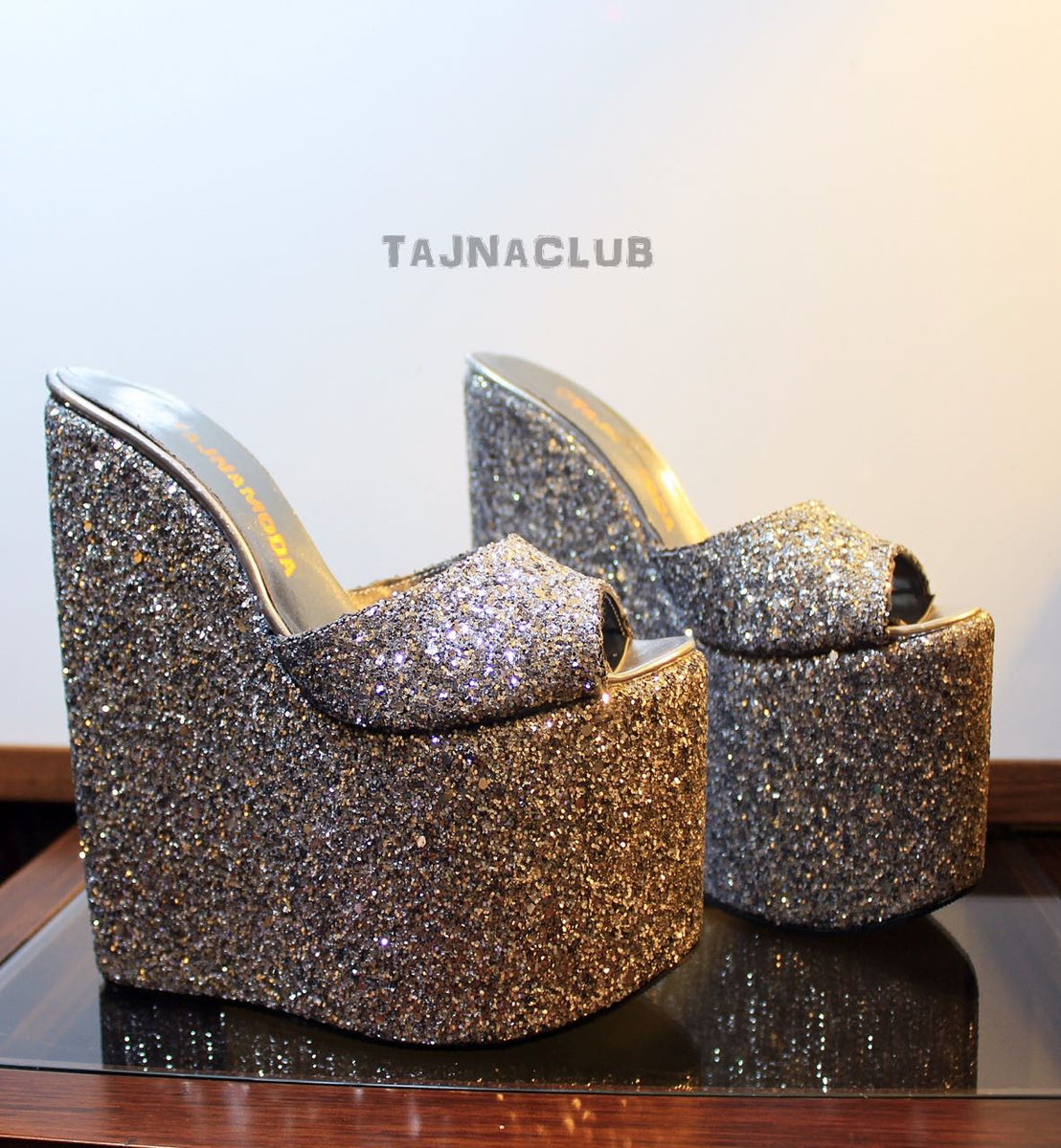 Mules Glitter Wedge Heel Platform High Heels Shoes – Tajna Club