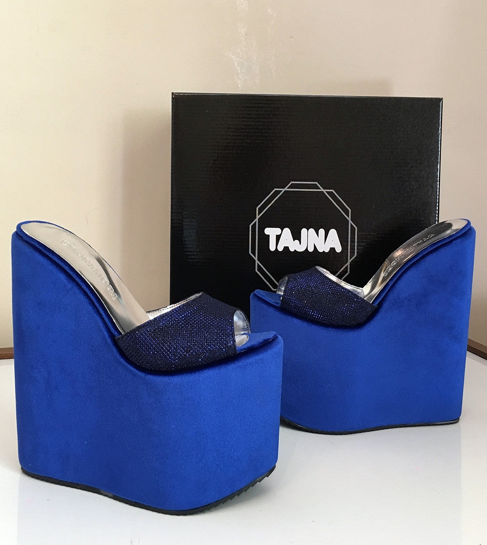 Mules Cobalt Blue Wedge Heel Platform High Heels Shoes | Tajna Club