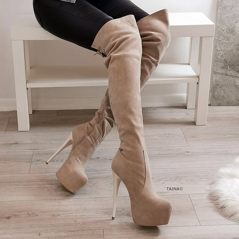 beige over the knee high heel boots