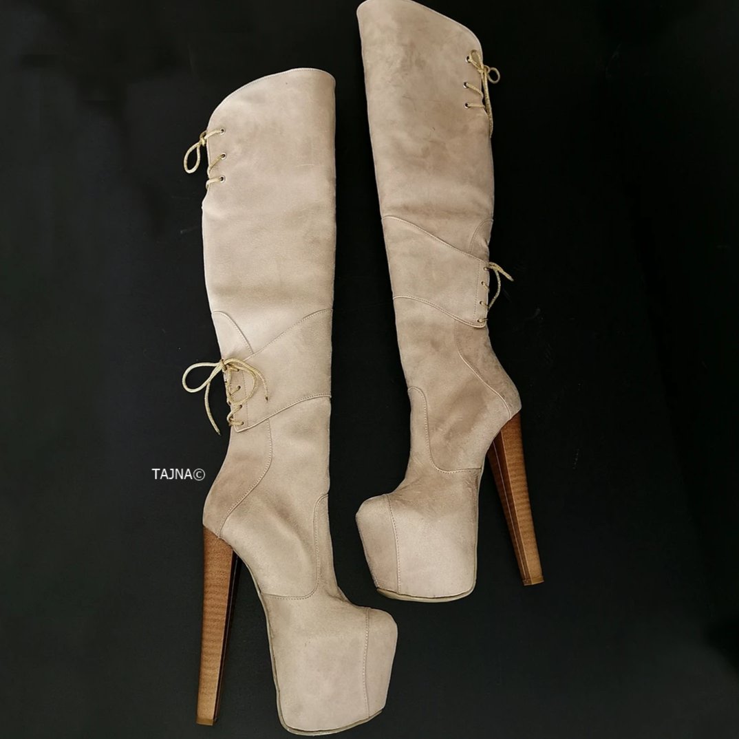 Beige Suede High Heel Over the Knee Boots | Tajna Club