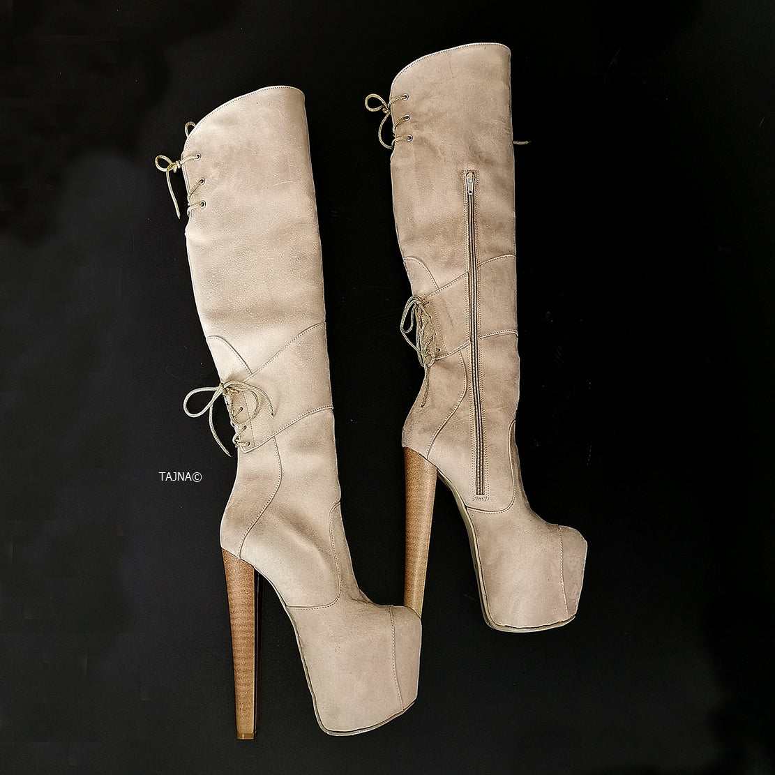 Beige Suede High Heel Over the Knee Boots | Tajna Club
