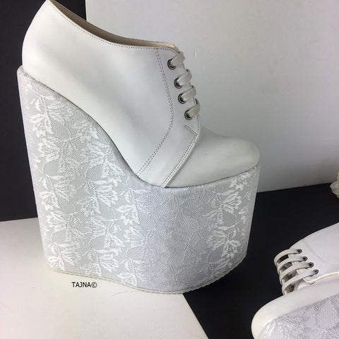 white lace up wedges