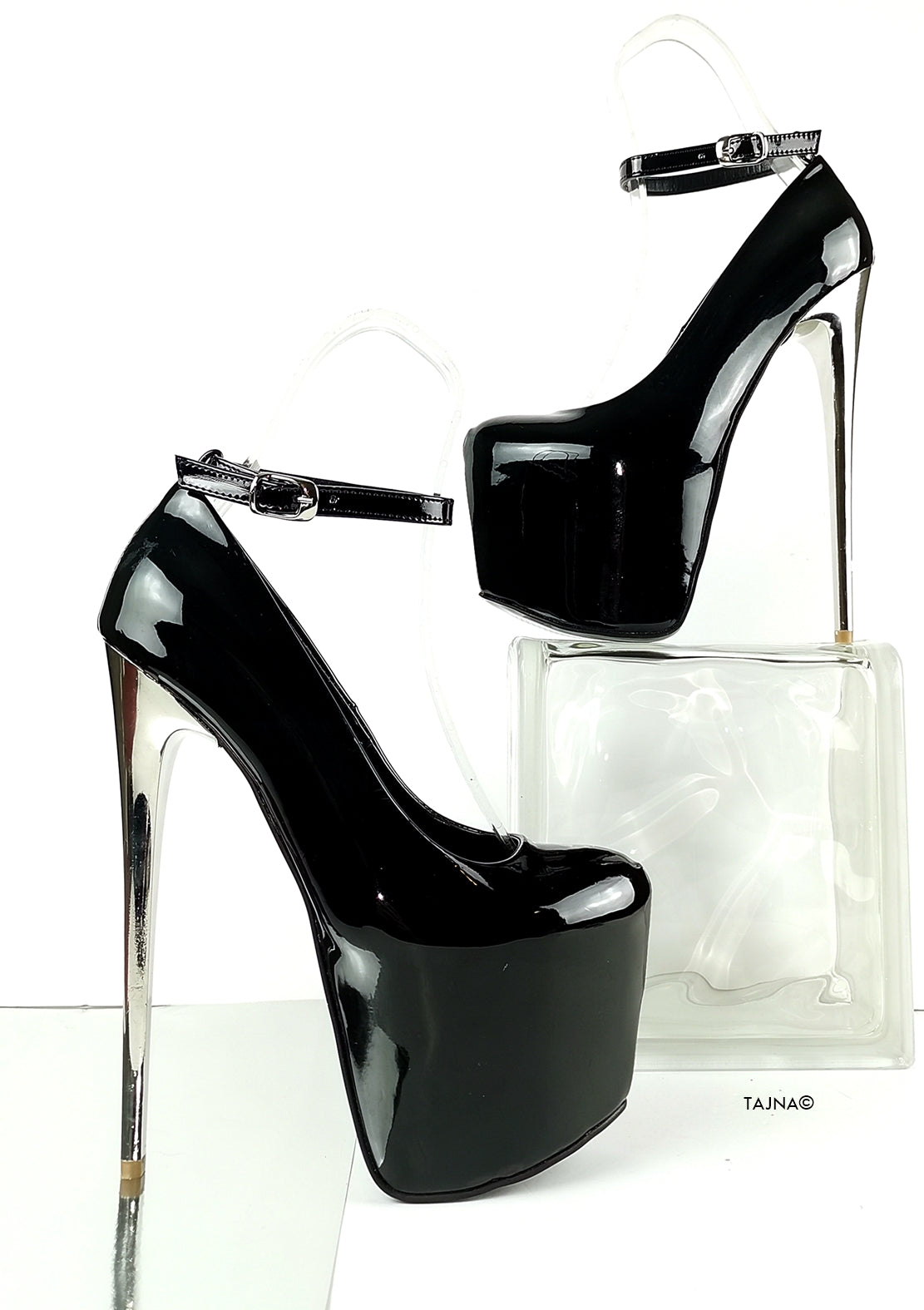 Ankle Strap Black Patent Metallic Heels – Tajna Club