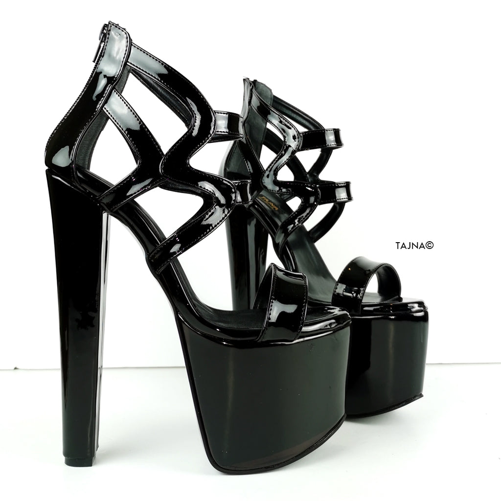 Black Patent Chunky Cage Platform Heels 