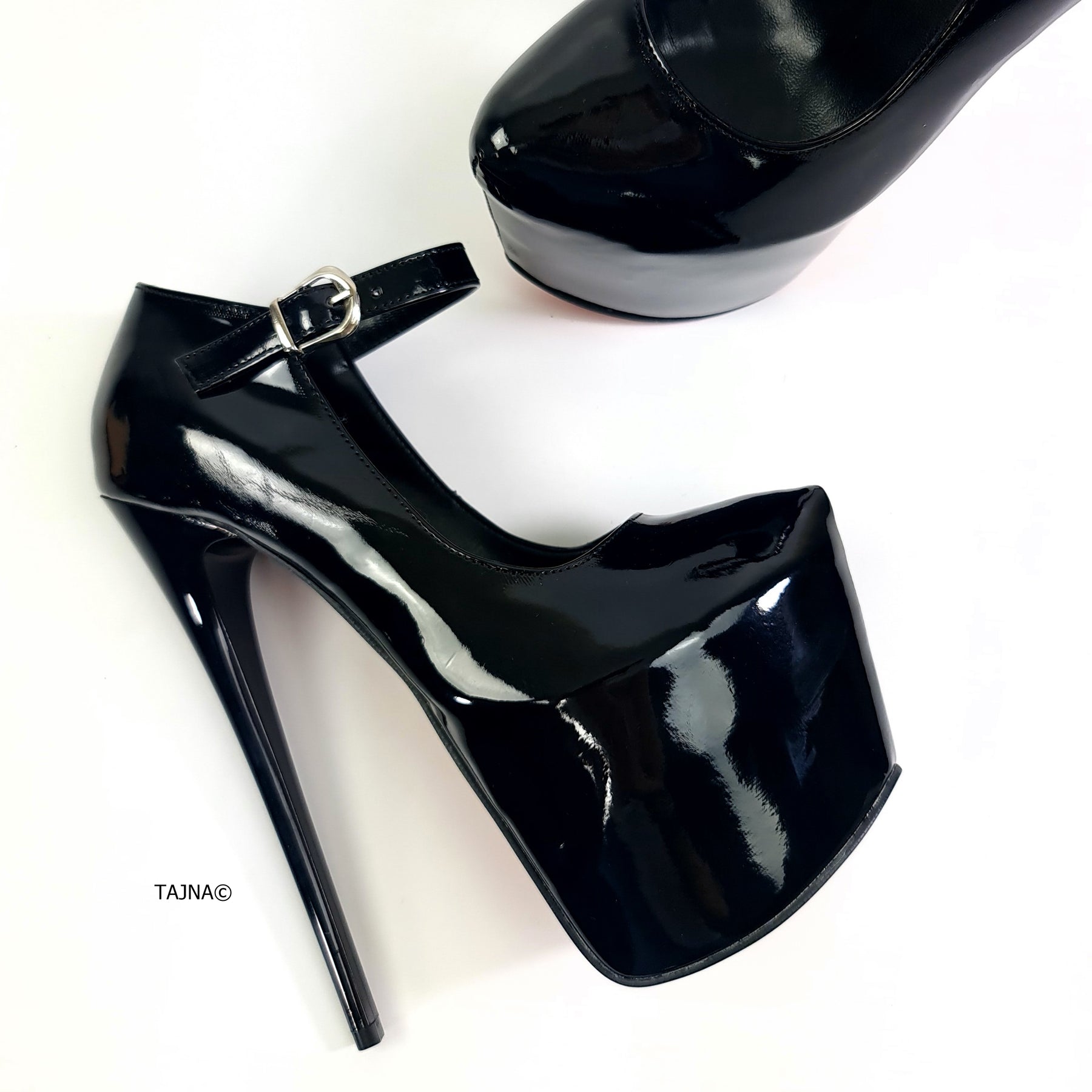 Black Gloss Fetish Modern Mary Jane High Heels | Tajna Club