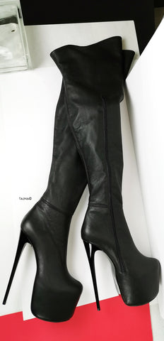 black leather high heel thigh high boots