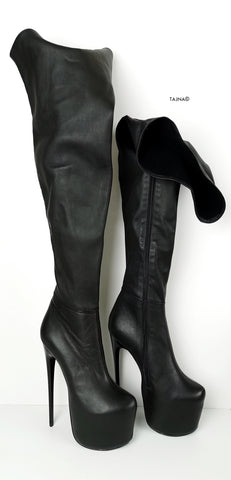 Genuine Leather Black Thigh High Boots 