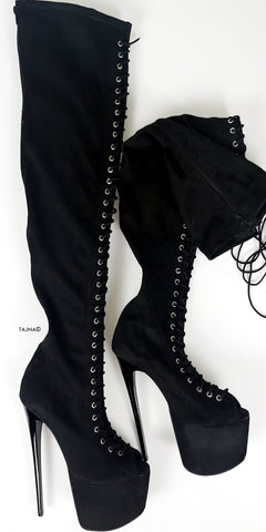 black lace up thigh high boots