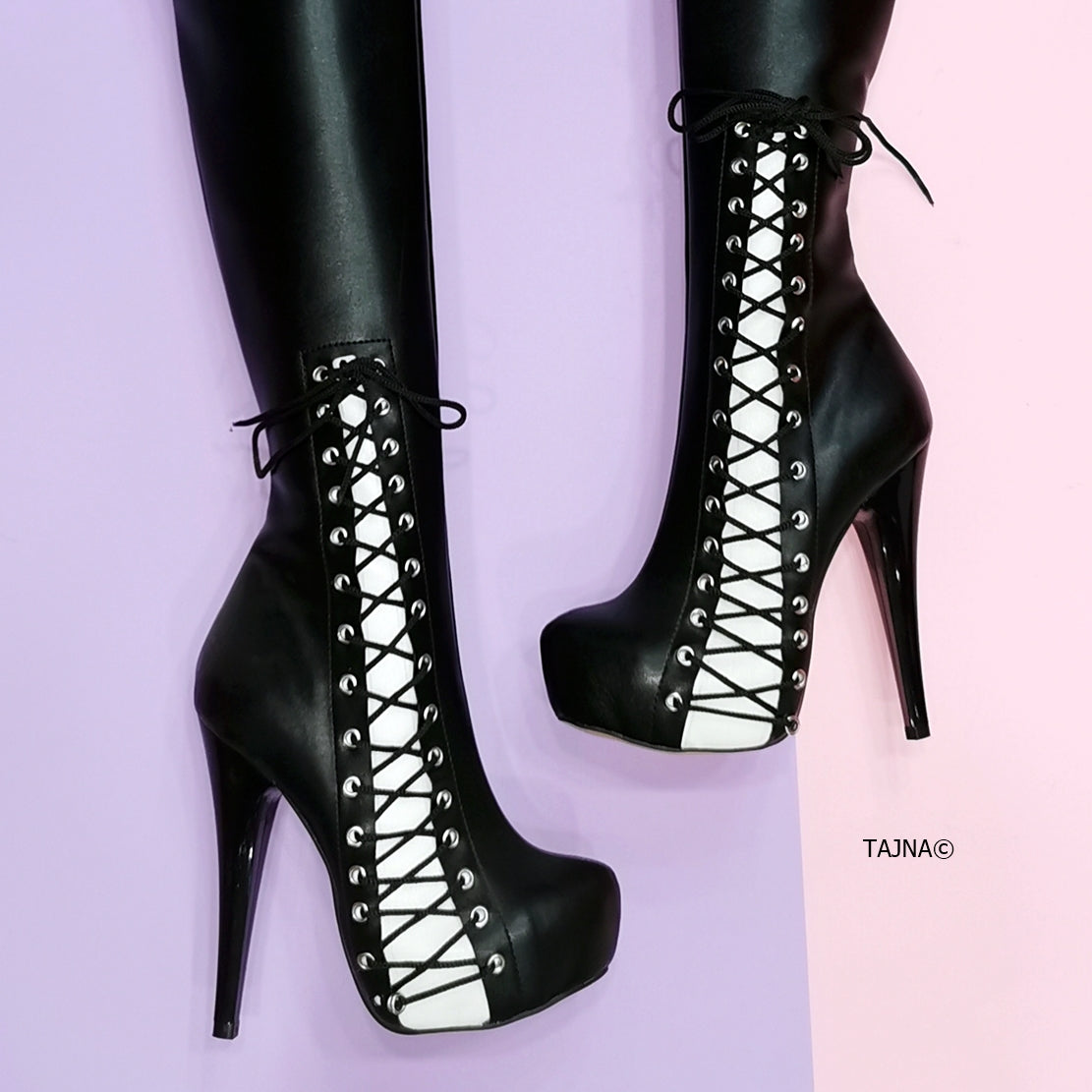 Black White Knee High Corset Boots | Tajna Club