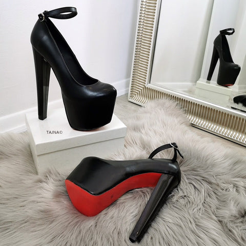 black high heels with thick ankle strap