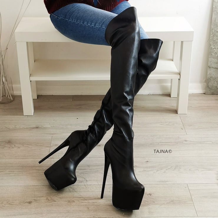 Black Matte Half Strech Knee High Boots | Tajna Club