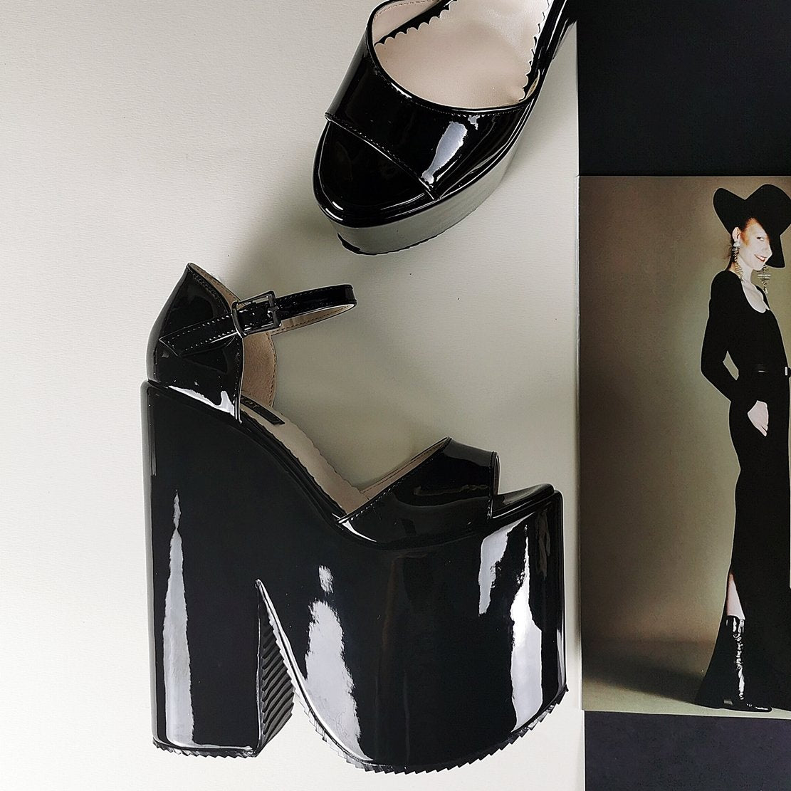 Black Patent Extreme Heel Strap Wedge Shoes | Tajna Club