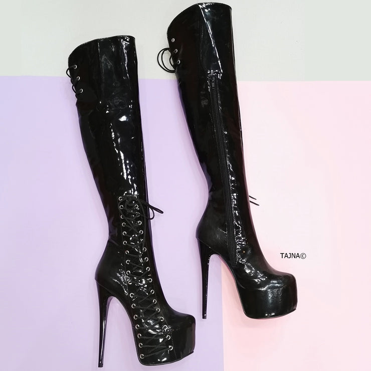 Black Patent Knee High Corset Boots | Tajna Club