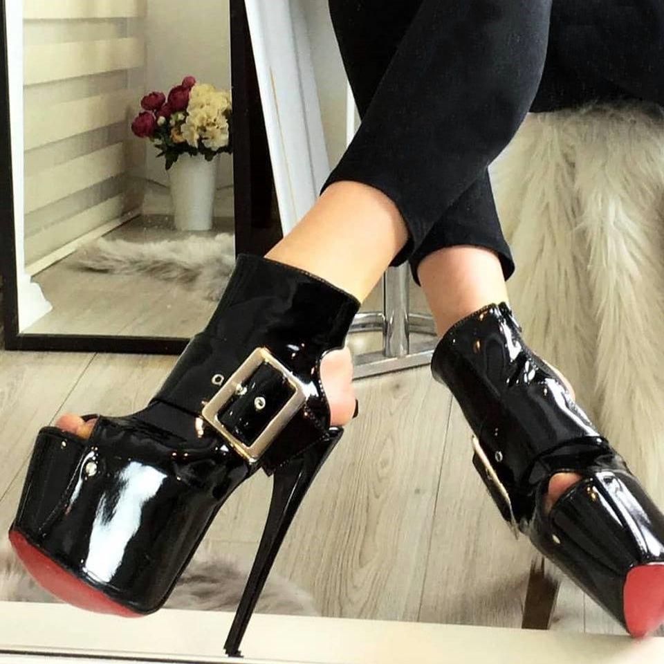 black patent platform heels