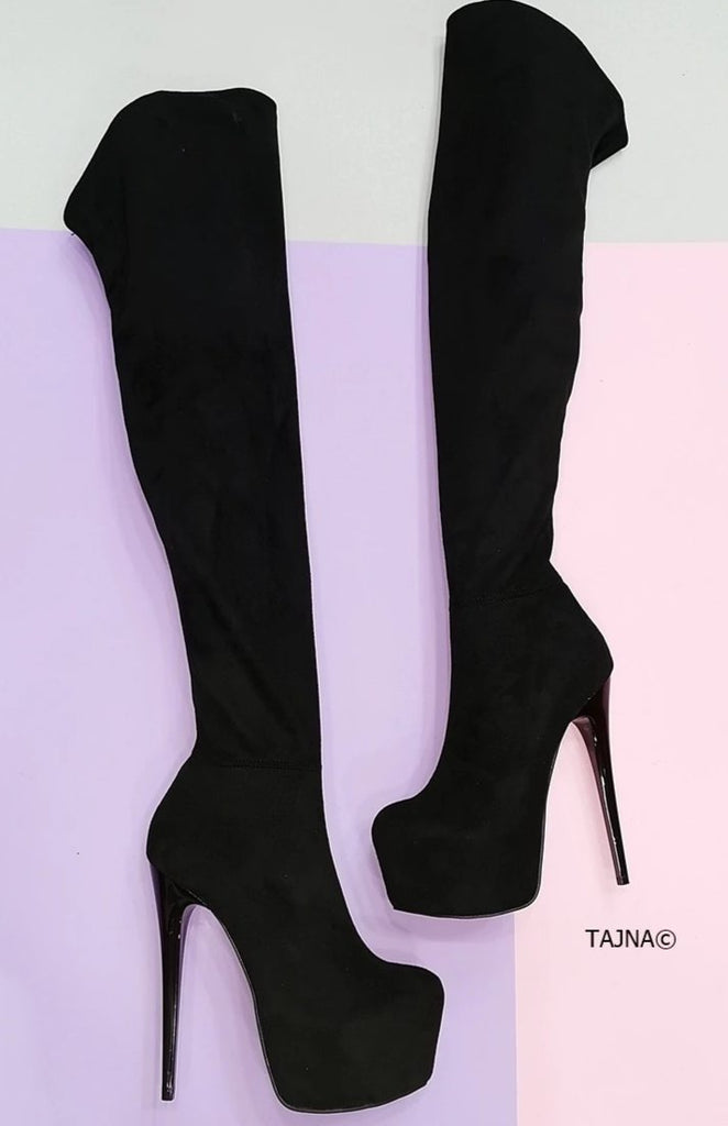 black suede thigh high heel boots