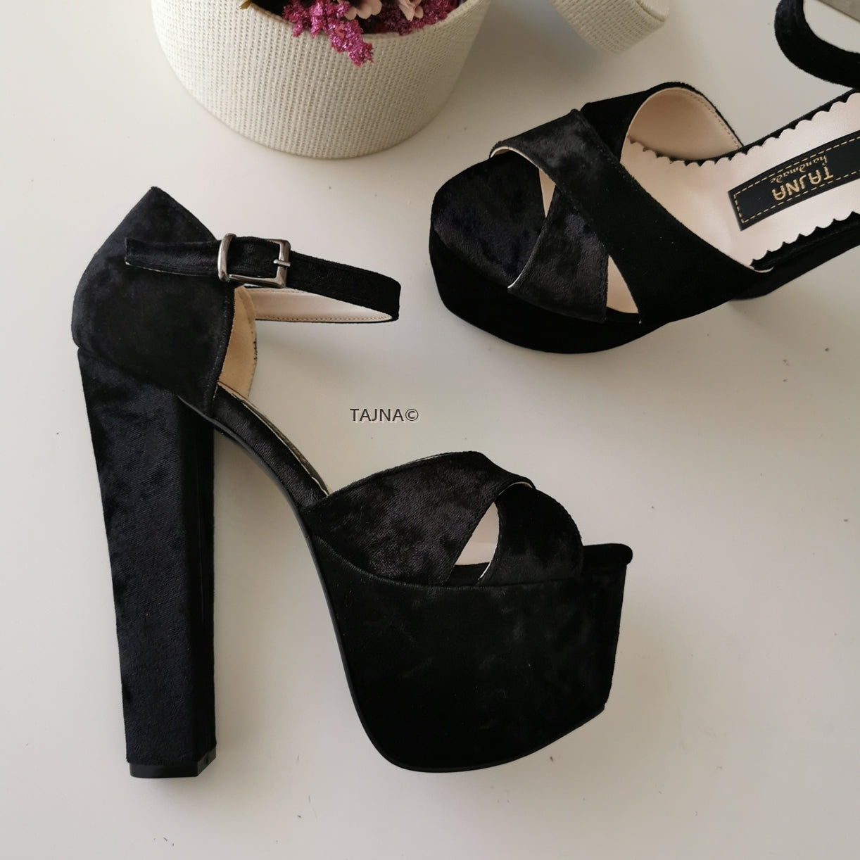 Black Velvet Cross Strap Platforms | Tajna Club