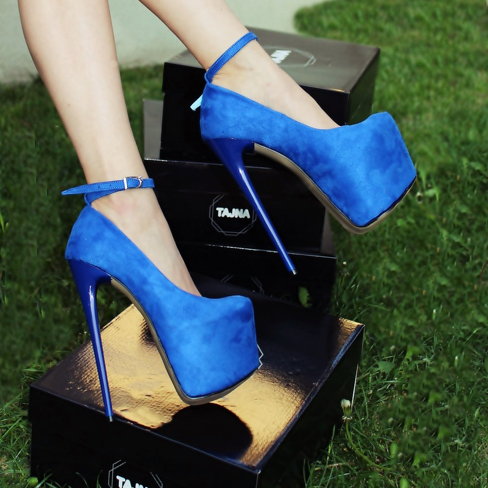 blue suede high heel shoes