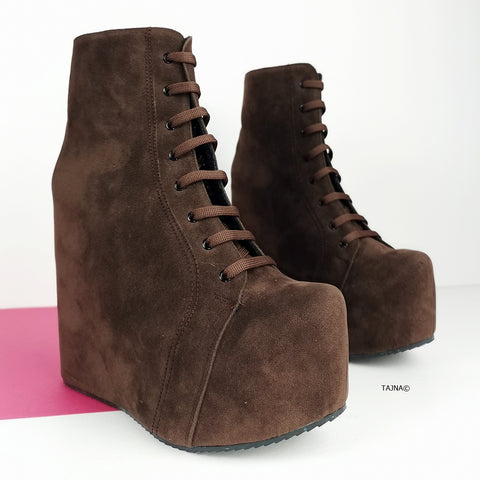 suede lace up wedge booties