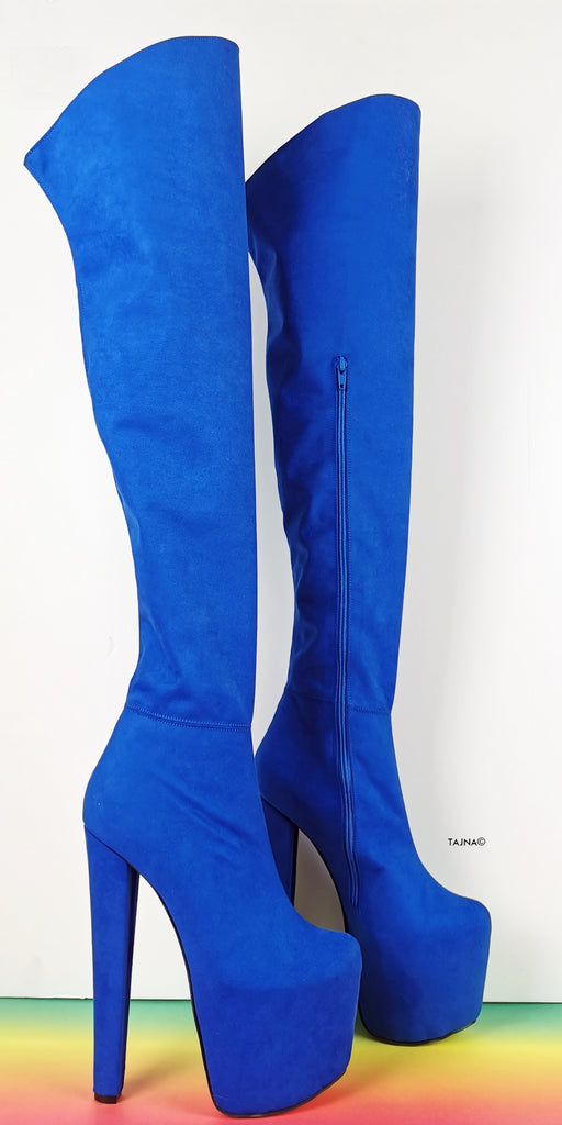 blue suede knee high boots