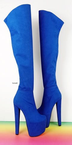 blue suede thigh high boots