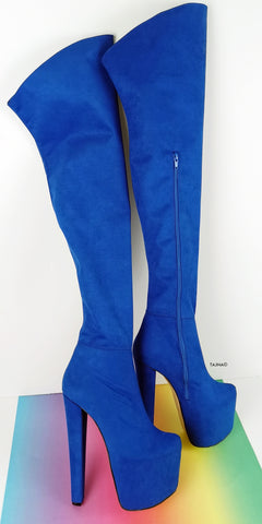 blue suede thigh high boots